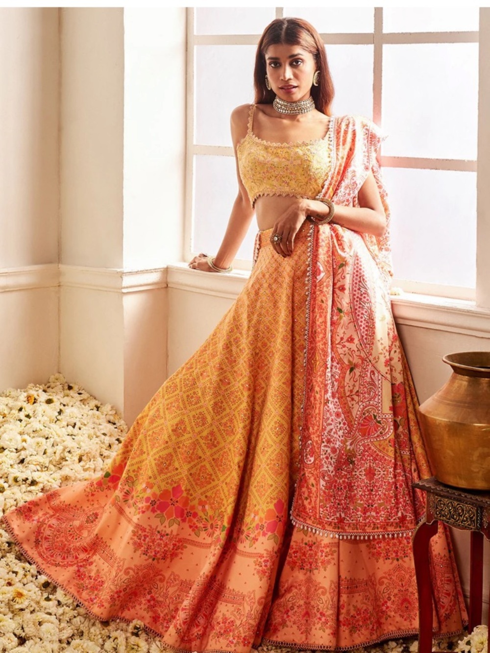 Yellow Orange Floral Bridal Lehenga Set